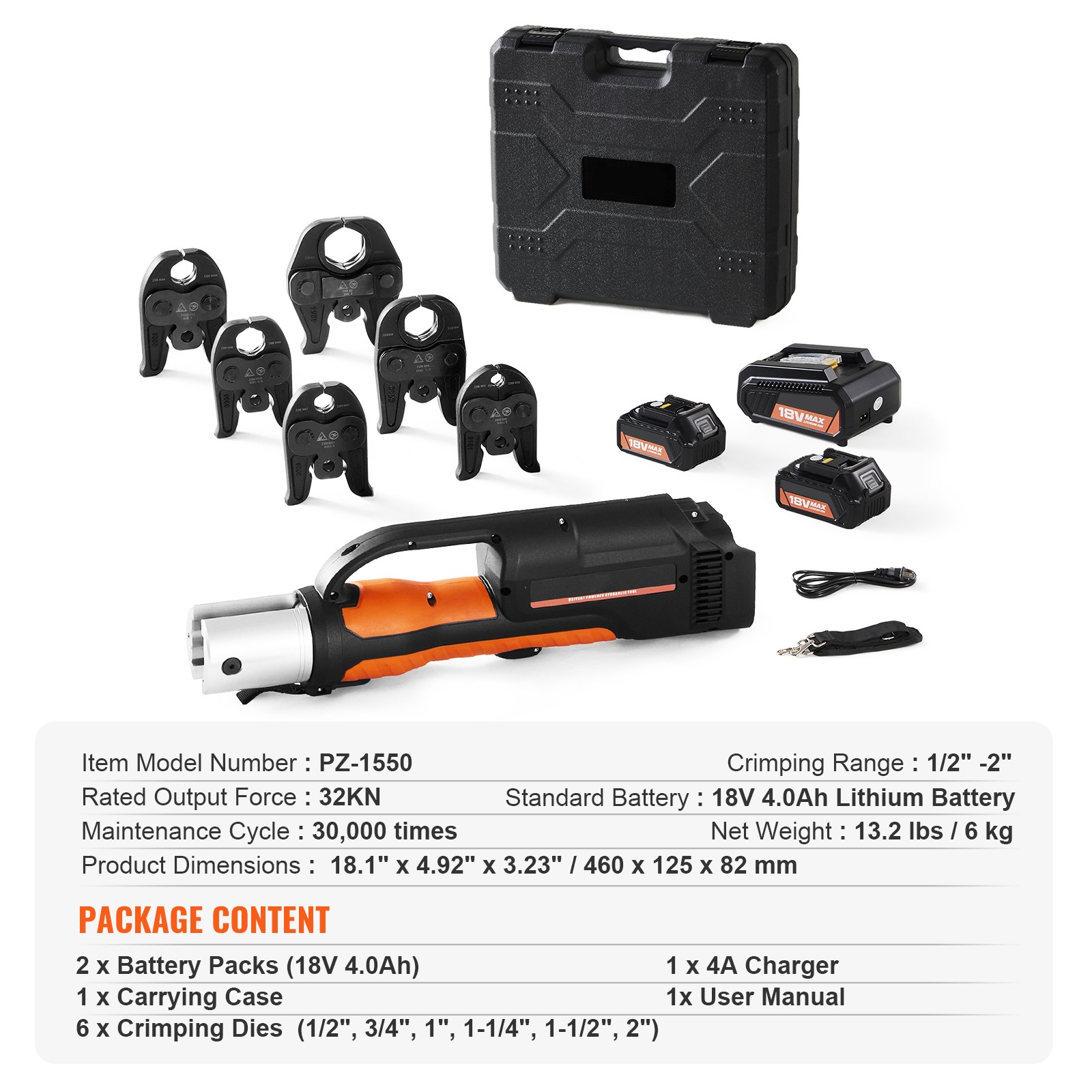 VEVOR Pro Press Tool 18V with 6 Pro Press Jaws 2pcs 4AH Battery Fast Charger