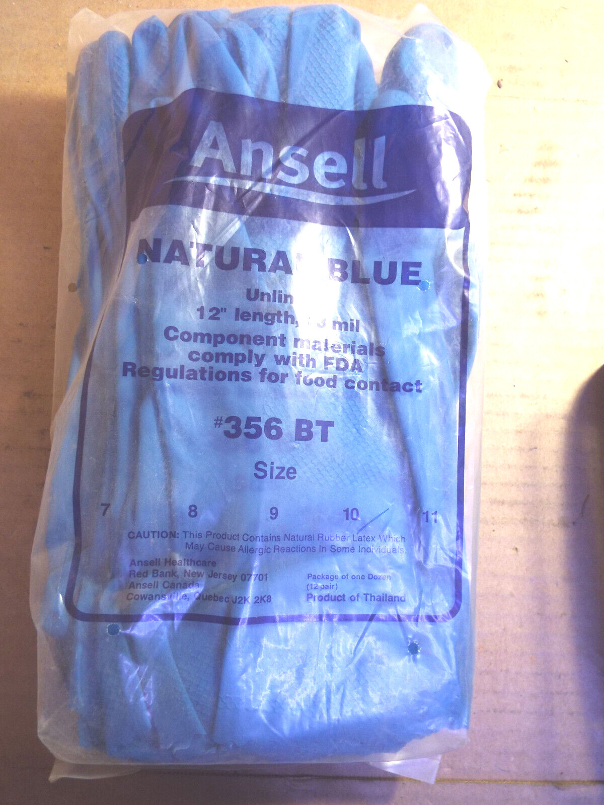 12 PAIRS NEW ANSELL #356BT SIZE 7, 10 NATURAL BLUE UNLINED LATEX GLOVES NIP