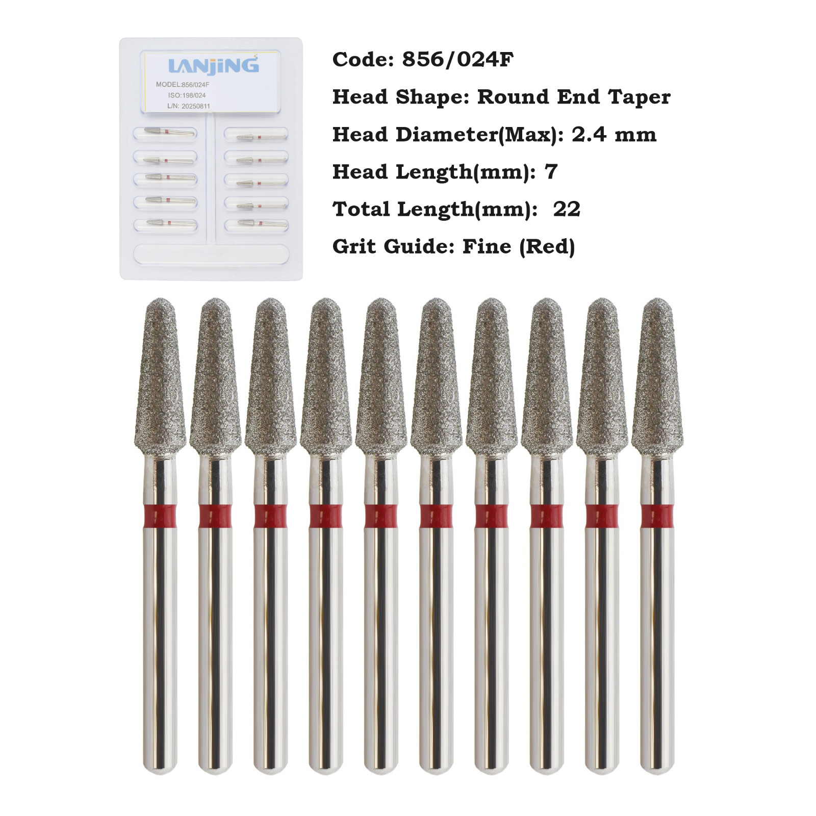 10pcs/pk Dental Diamond Round End Taper Burs 856/024F Fine Grit FG Friction Grip