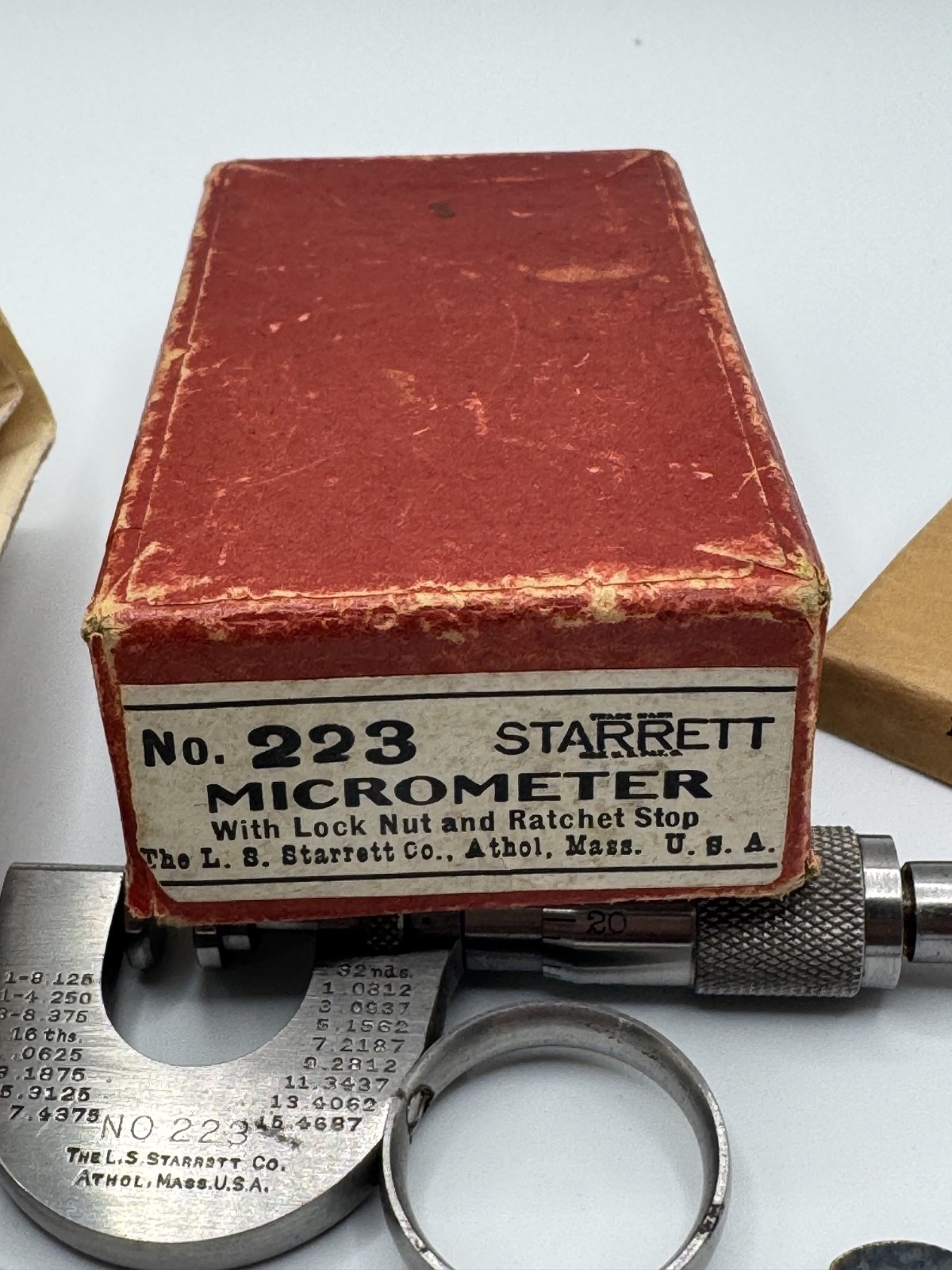 Starrett No. 223RL Paper Micrometer Complete w/ Case Manual Wrench Excellent USA