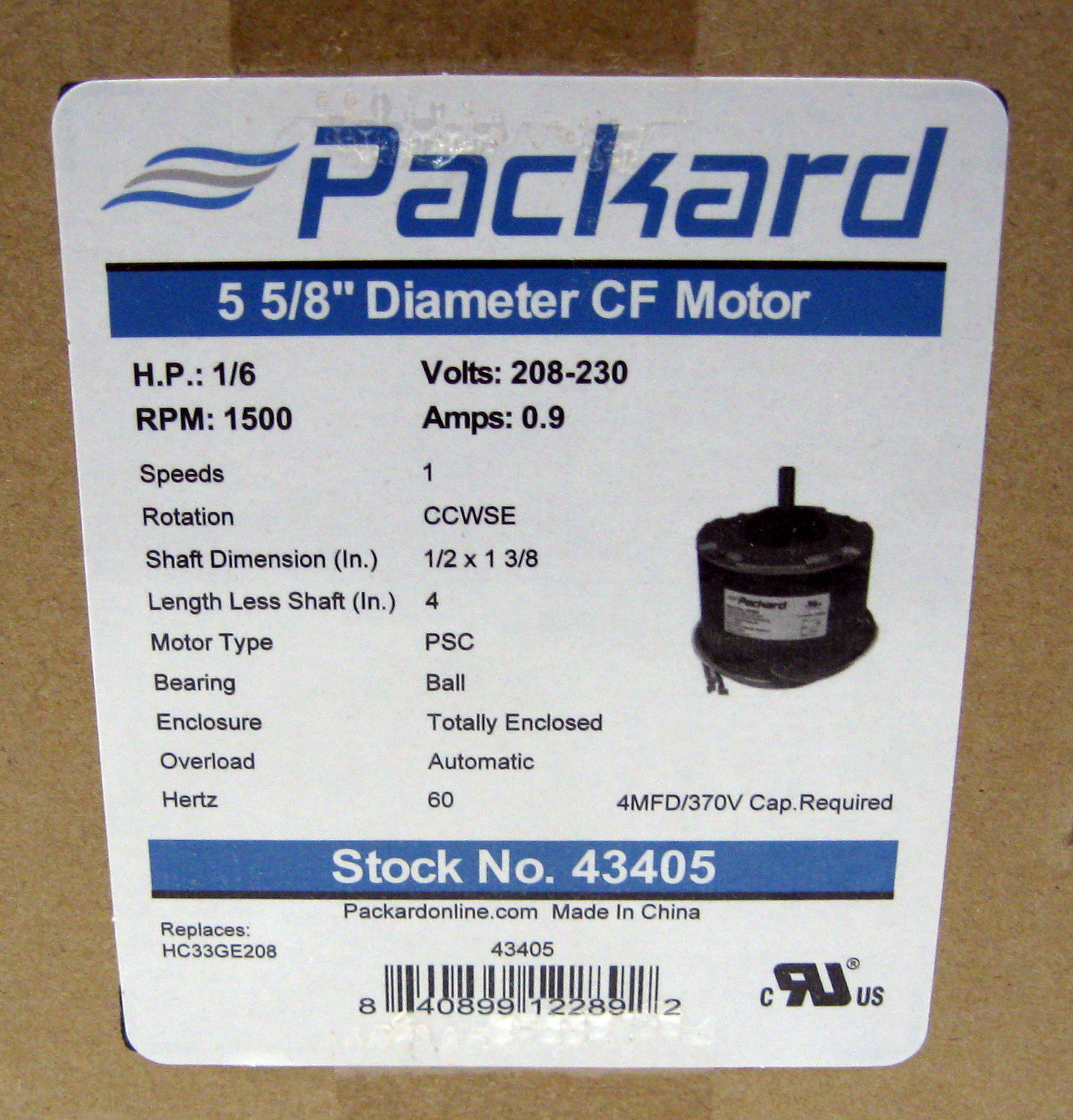 Packard Condenser Fan Motor 43405 for Carrier HC33GE208 1/6HP 1500 RPM 208-230 V