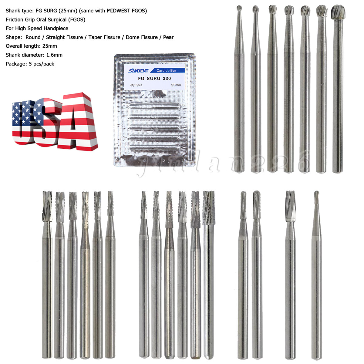 5PCS Dental Surgical Burs 25mm Carbide Bur SL Round 4 6 2 557 701 702 High Speed