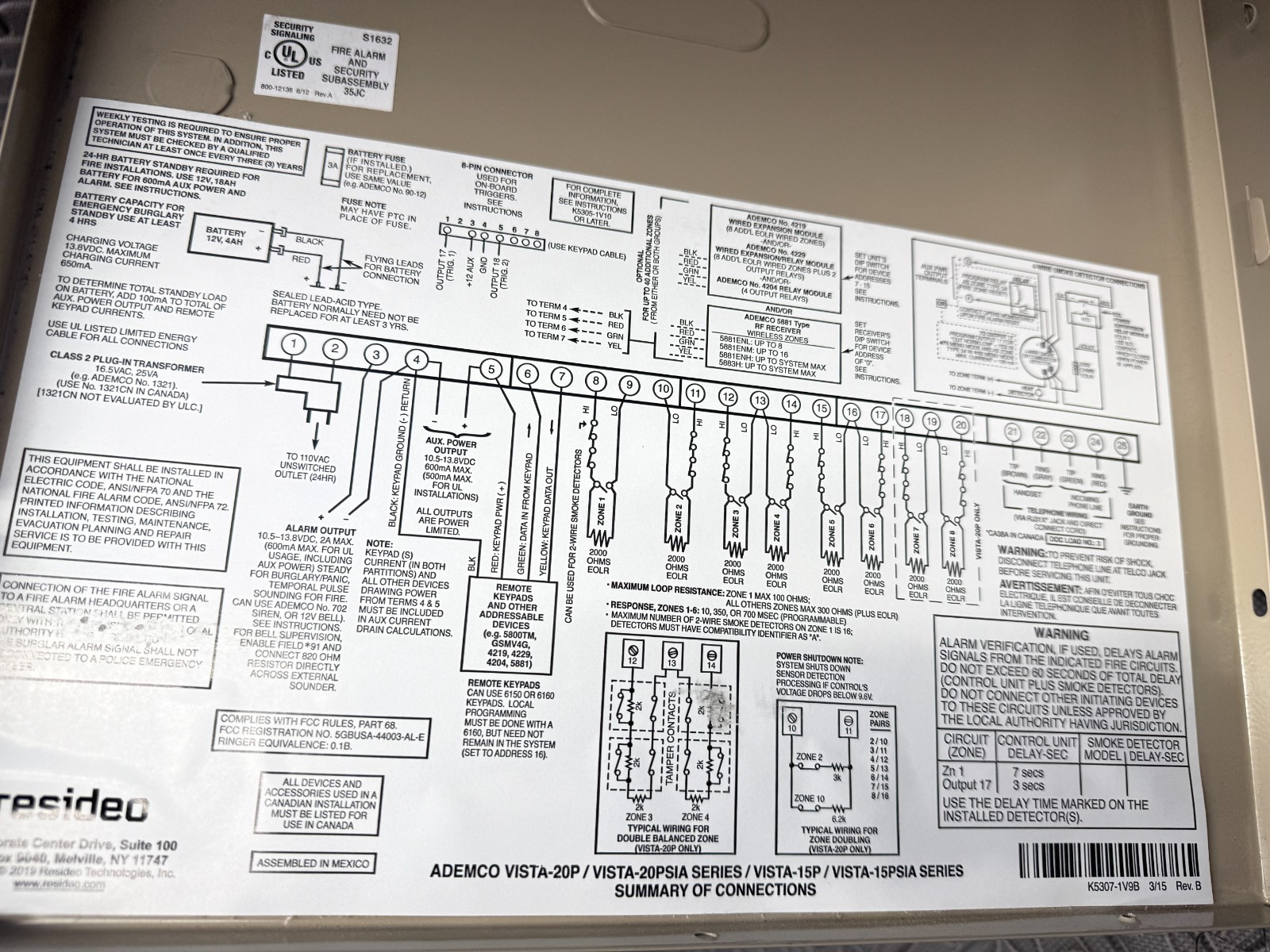 Honeywell VISTA-20P Resideo 8-Zone Plus Series Security Alarm Control Panel