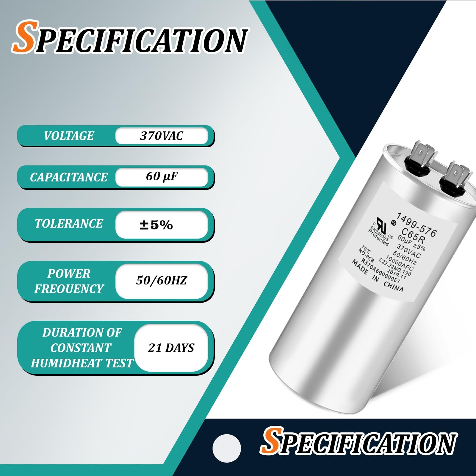 SPRWRM 1499-576 1499-5761 Capacitor 60UF 370VAC Helps Motor Start Stably Expl…
