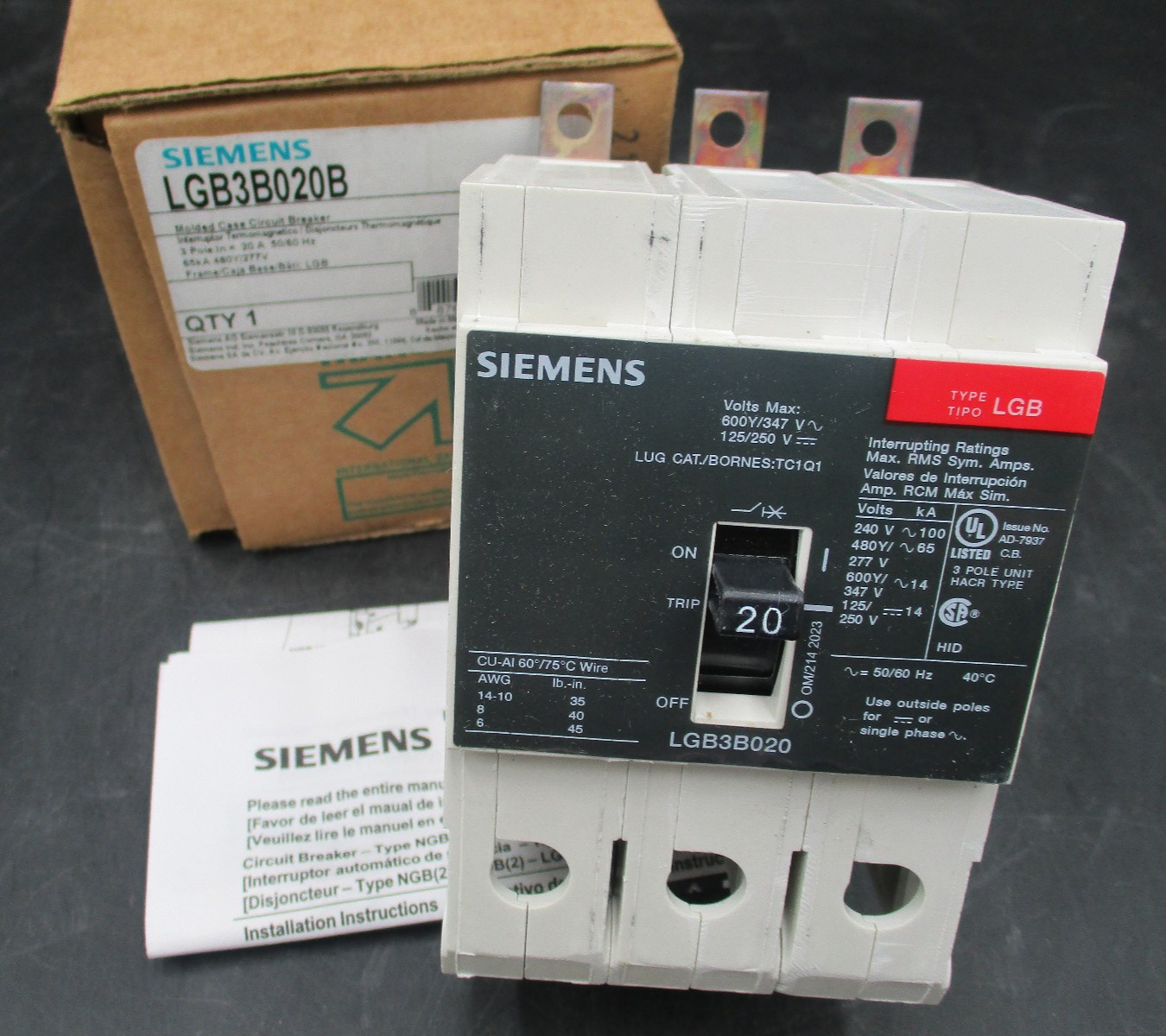 SIEMENS LGB3B020B 3-P 20A 480V 65KA BOLT ON CIRCUIT BREAKER ‘SAMEDAY SHIP’