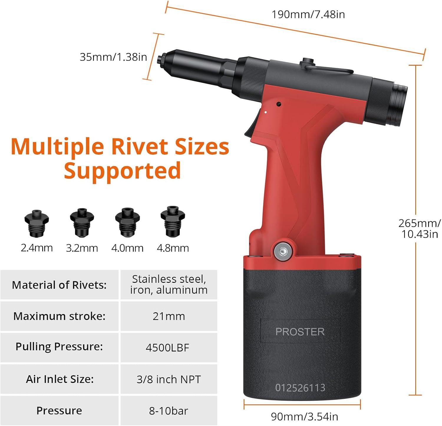 Pneumatic Rivet Gun, 4500LBF Heavy Duty Air Hydraulic Riveter Tool with 4 Interc
