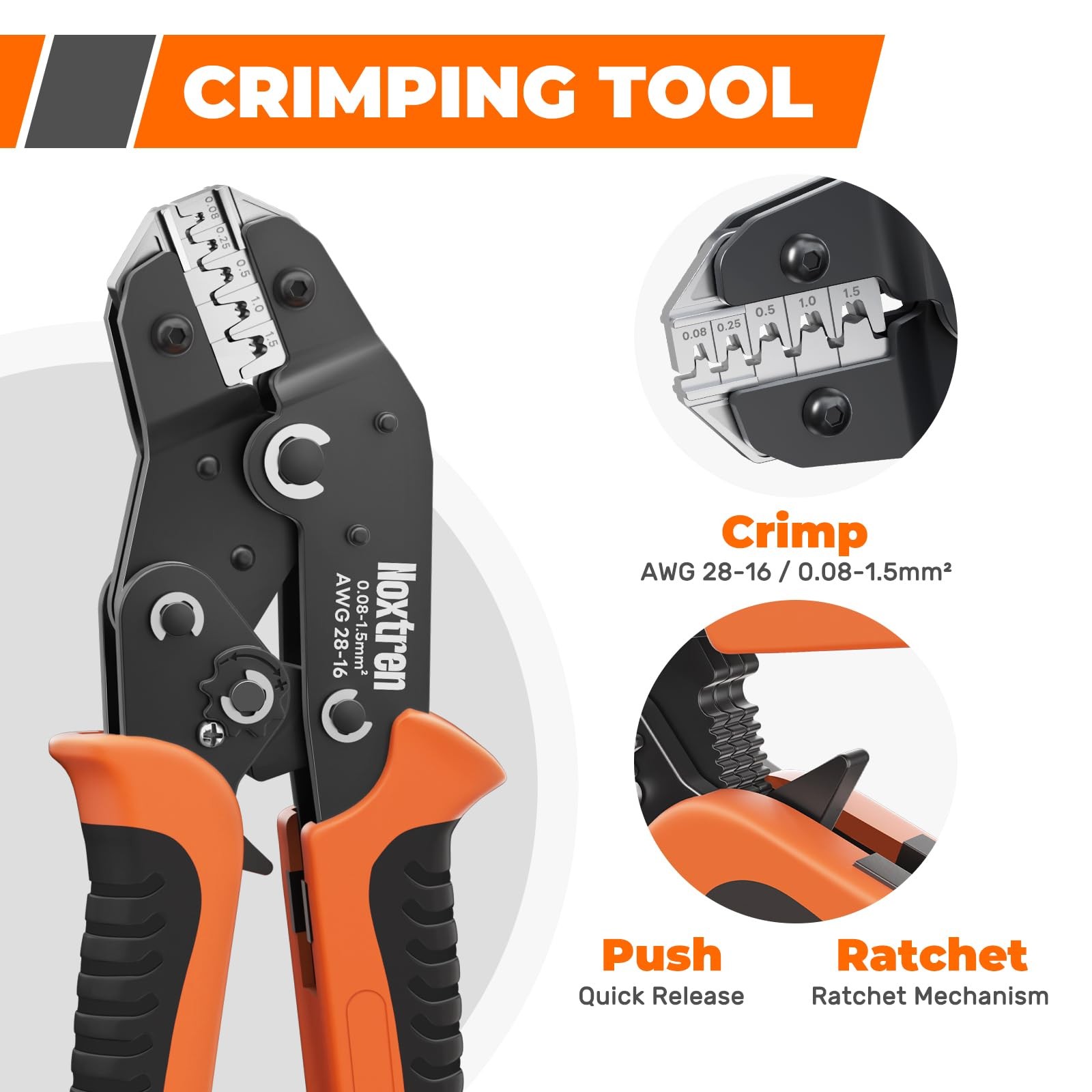 Noxtren 5-in-1 Wire Crimping Tool, AWG 28–16 Ratcheting Pin Orange, Black