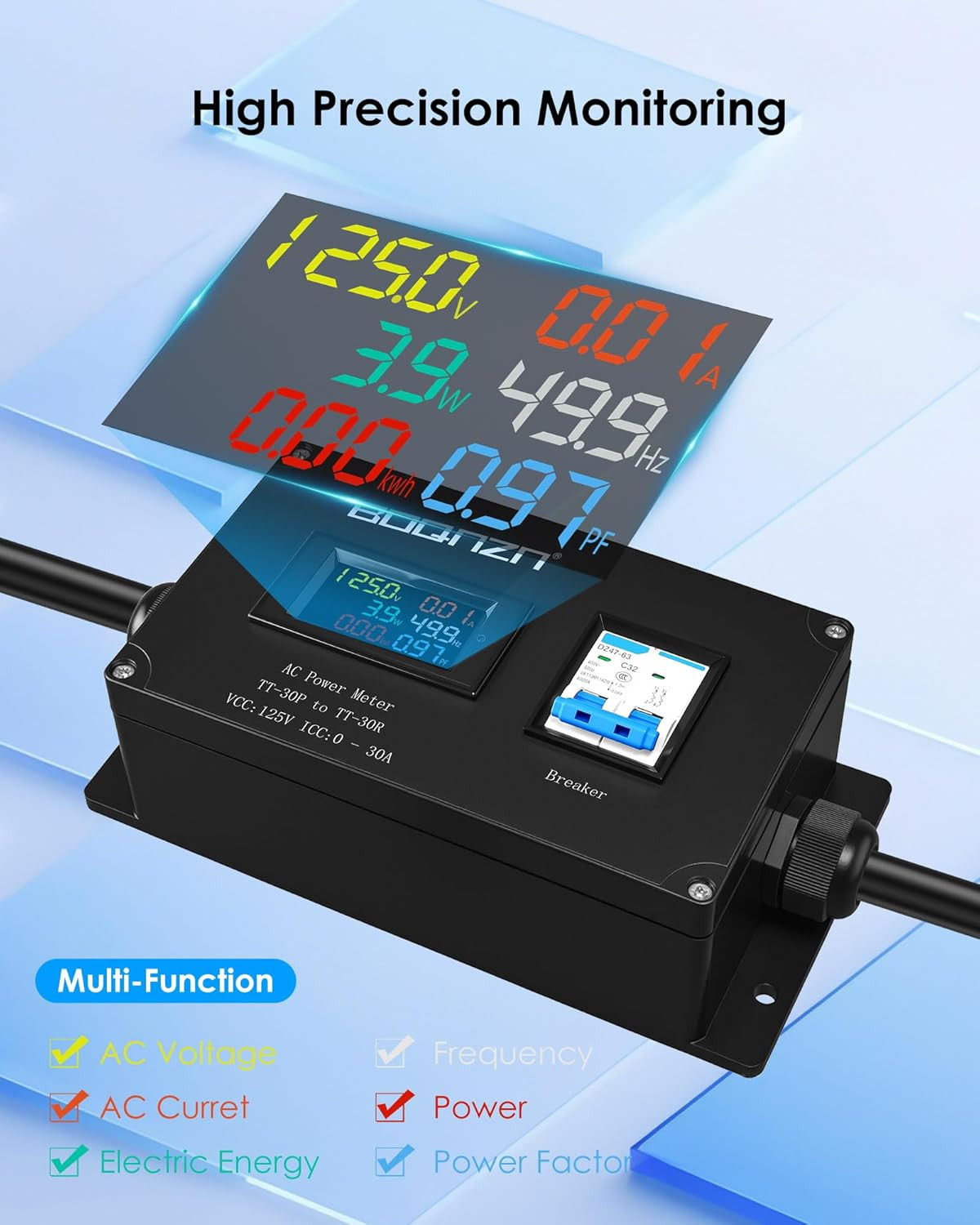 30A 125V AC Power Meter, NEMA TT-30P to TT-30R Outlet Monitor, Multifunction Ene
