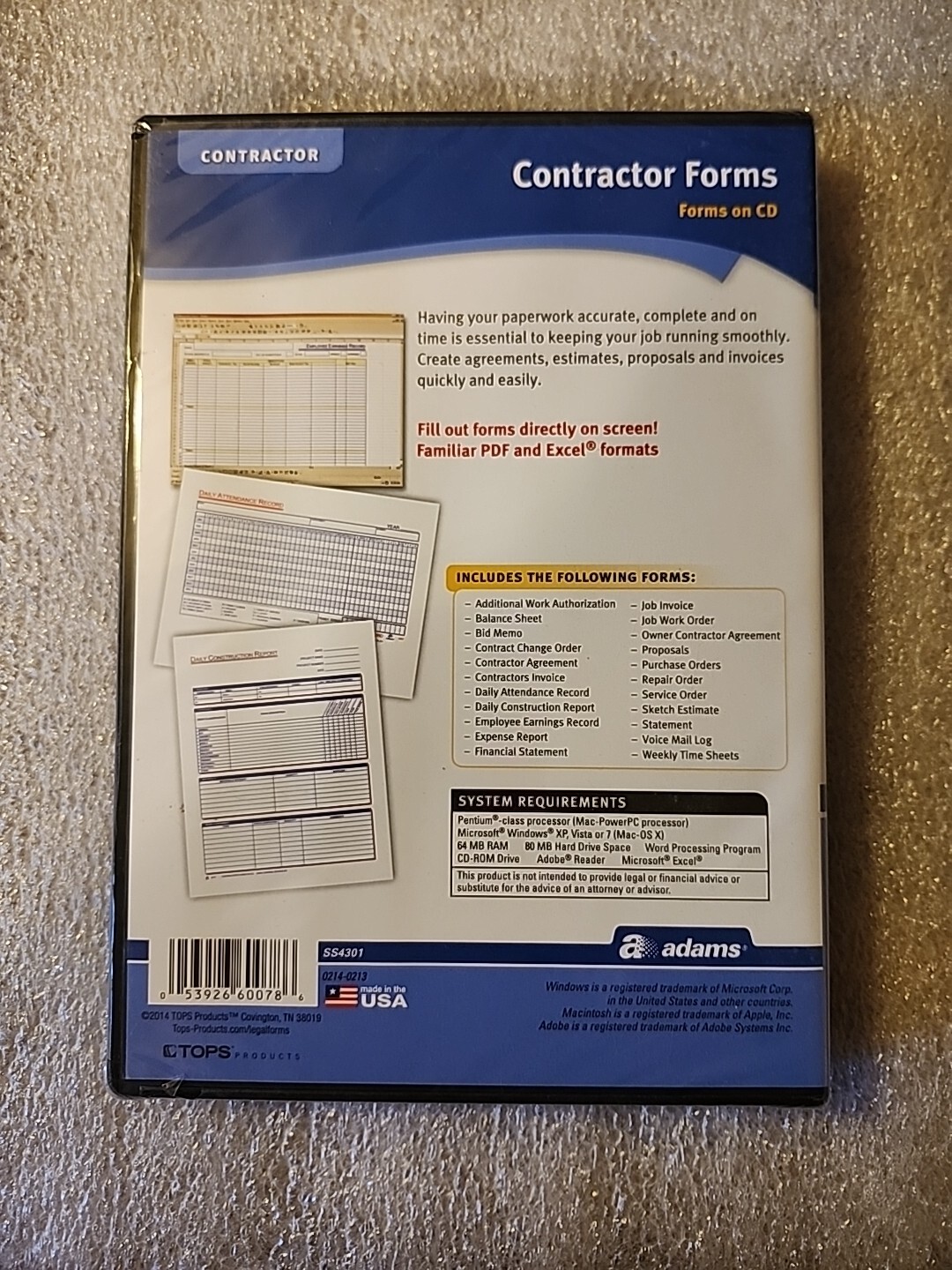 Adams Contractor Forms on CD SS4301 Windows & Macintosh PDF And Excel