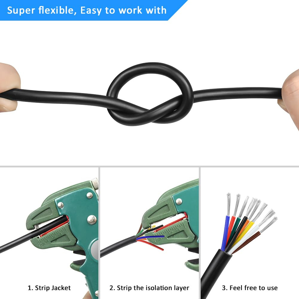 16 Gauge 8 Conductor Electrical Wire, 10FT 16AWG Black PVC Stranded Tinned Coppe