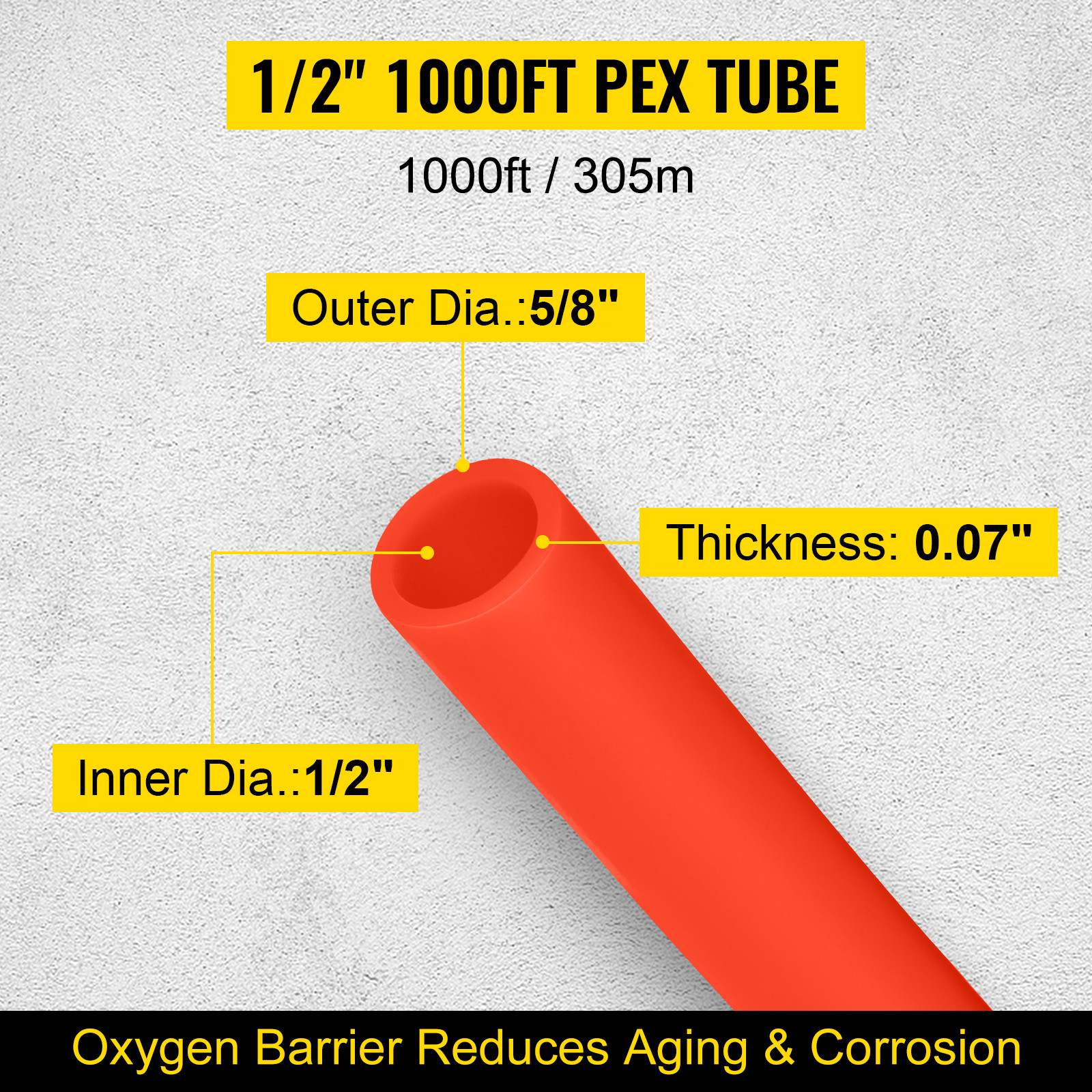 VEVOR 1/2″ x 1000ft Pex Tubing Pex Pipe Oxygen Barrier Red Radiant Floor Heating