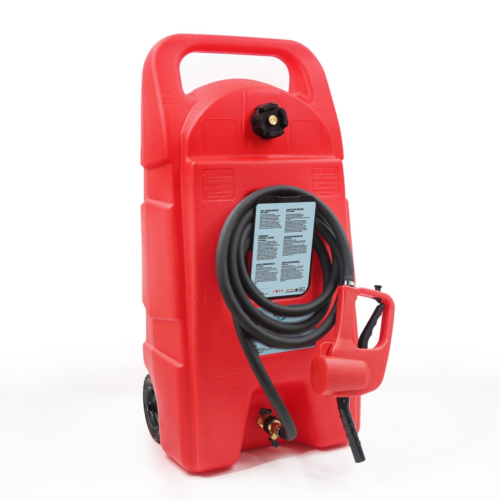 15 Gal HDPE Fuel Caddy Tank w/ Wheels 10ft Hose Hand Pump Gas Diesel Oil Red
