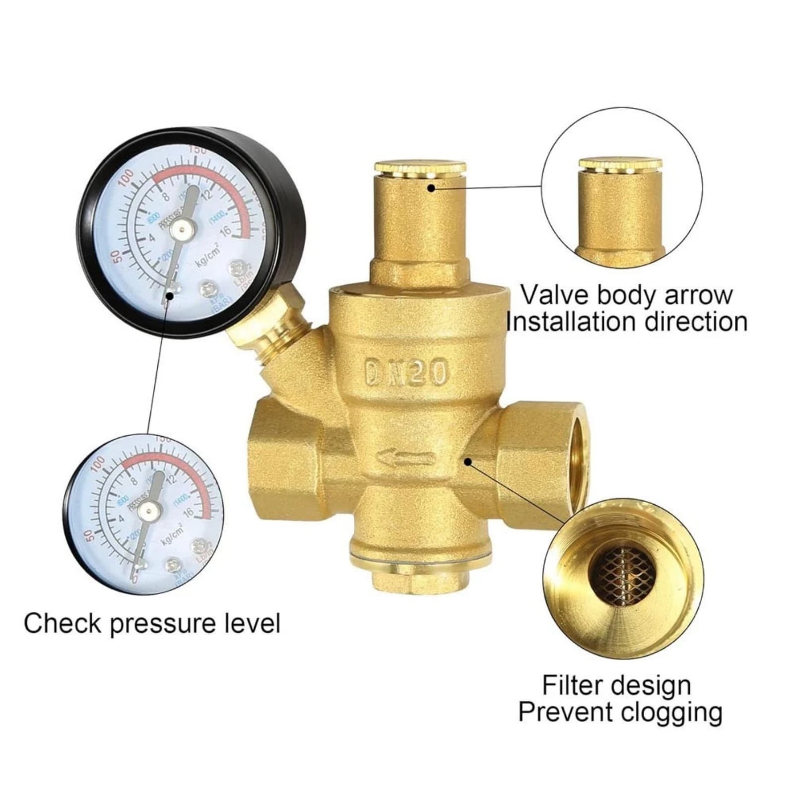 3/4″ Brass Home Water Pressure Governor Reducer For Shower System With Gauge