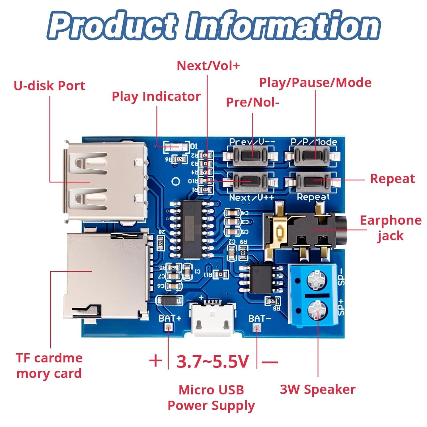 Super Decoder DFPlayer Mini MP3 Module Audio Amplifier Recorder TF Card U Disk