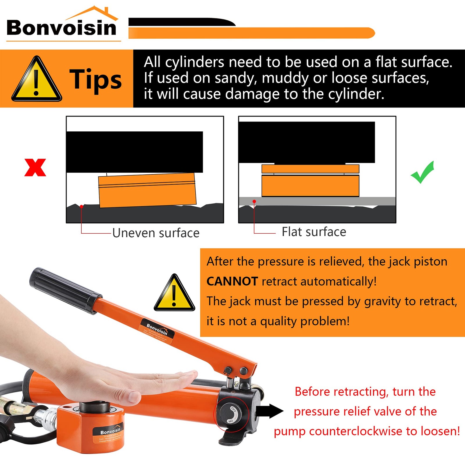 Bonvoisin Hydraulic Ram Jack 30T Low Profile Porta Power Cylinder 30T, Orange