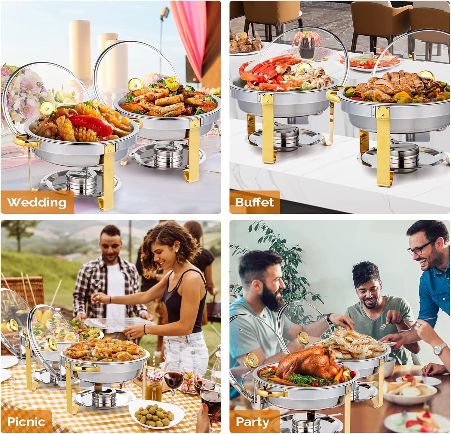 ROVSUN 4 Pack 5QT Gold Chafing Dish Buffet Set NSF Stainless w/ Glass Lid Holder