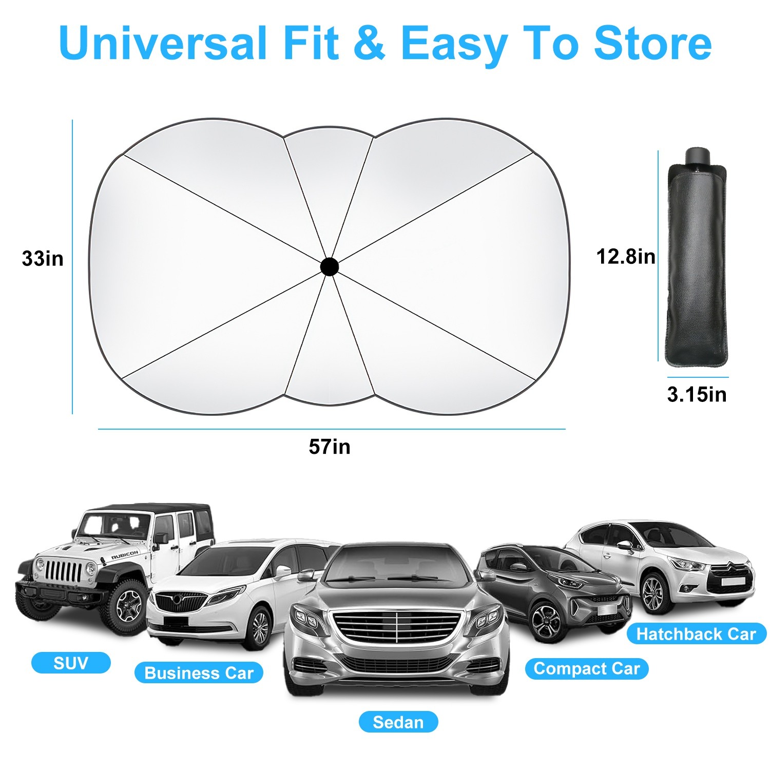 57x33In Foldable Car Sun Umbrella For Car Truck SUV Silver Titanium w/Bag