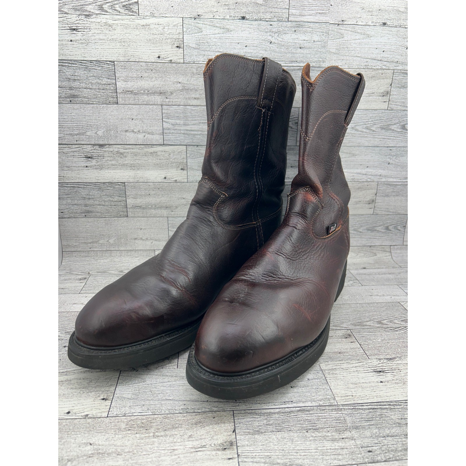 Justin Dark Brown Leather Work Boots Pull On Roper Round Toe Oil Resist Men 12D
