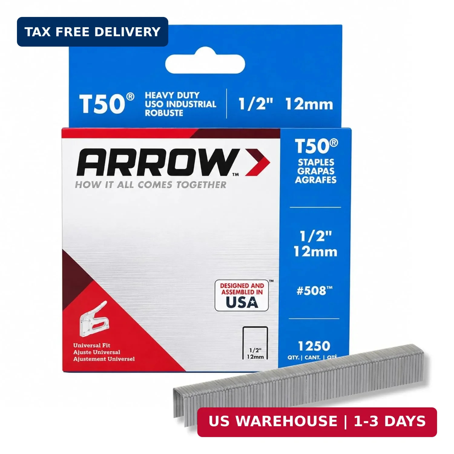 Arrow 508 Heavy Duty T50 1/2-Inch Leg Length, 3/8-Inch Crown, Staples for Uphols