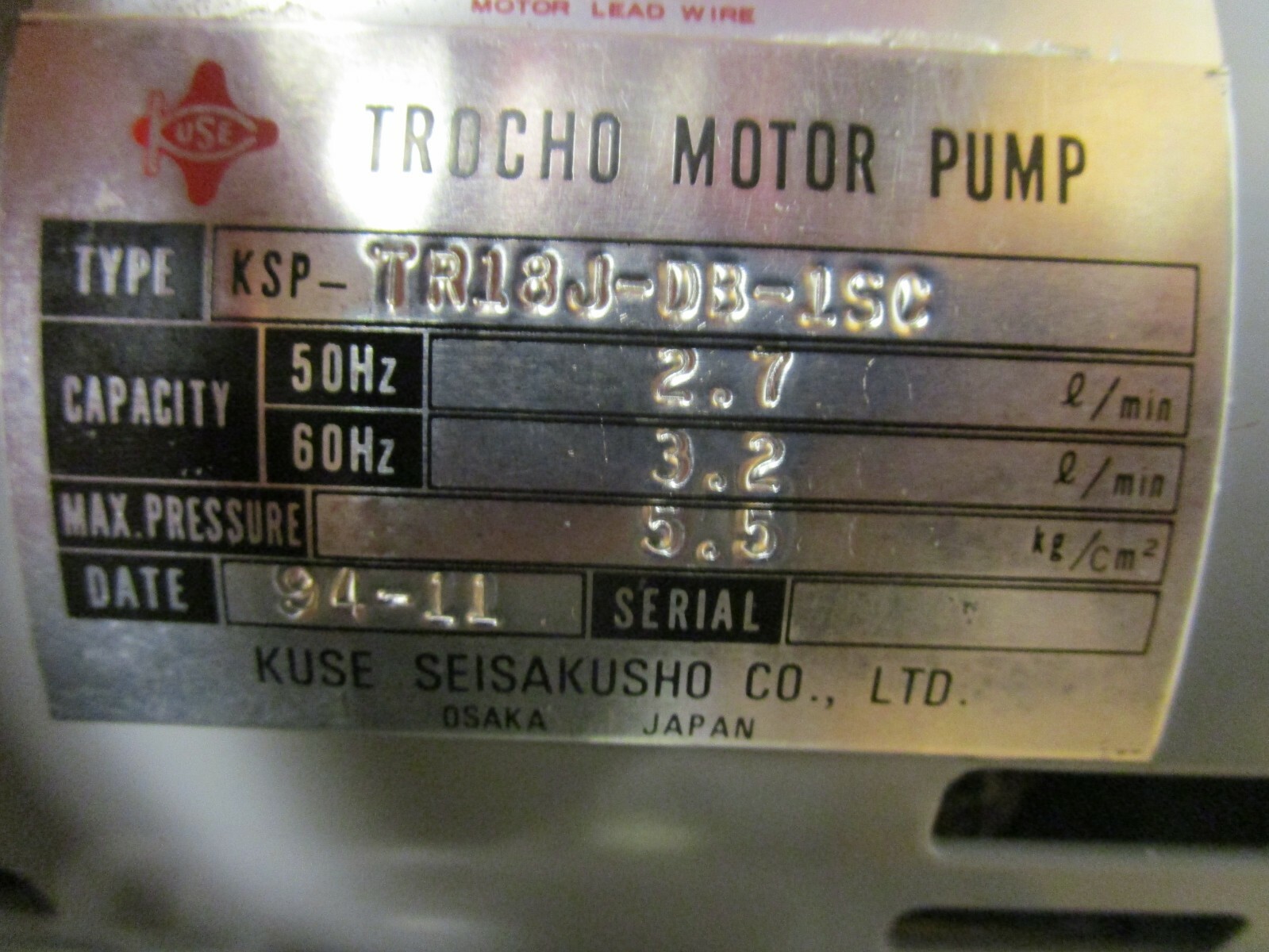 KUSE SEISAKUSHO KSP- TR18J-DB-1SC 0.1KW MOTOR PUMP 100V 1PH 1730RPM 5.5KG/CM2