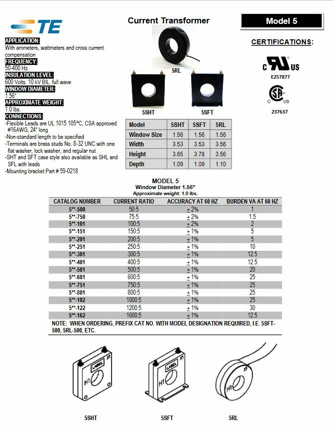 EIL Instruments, 5-SFT-500, Current Transformer, 50:5, 600VAC, 50-400Hz