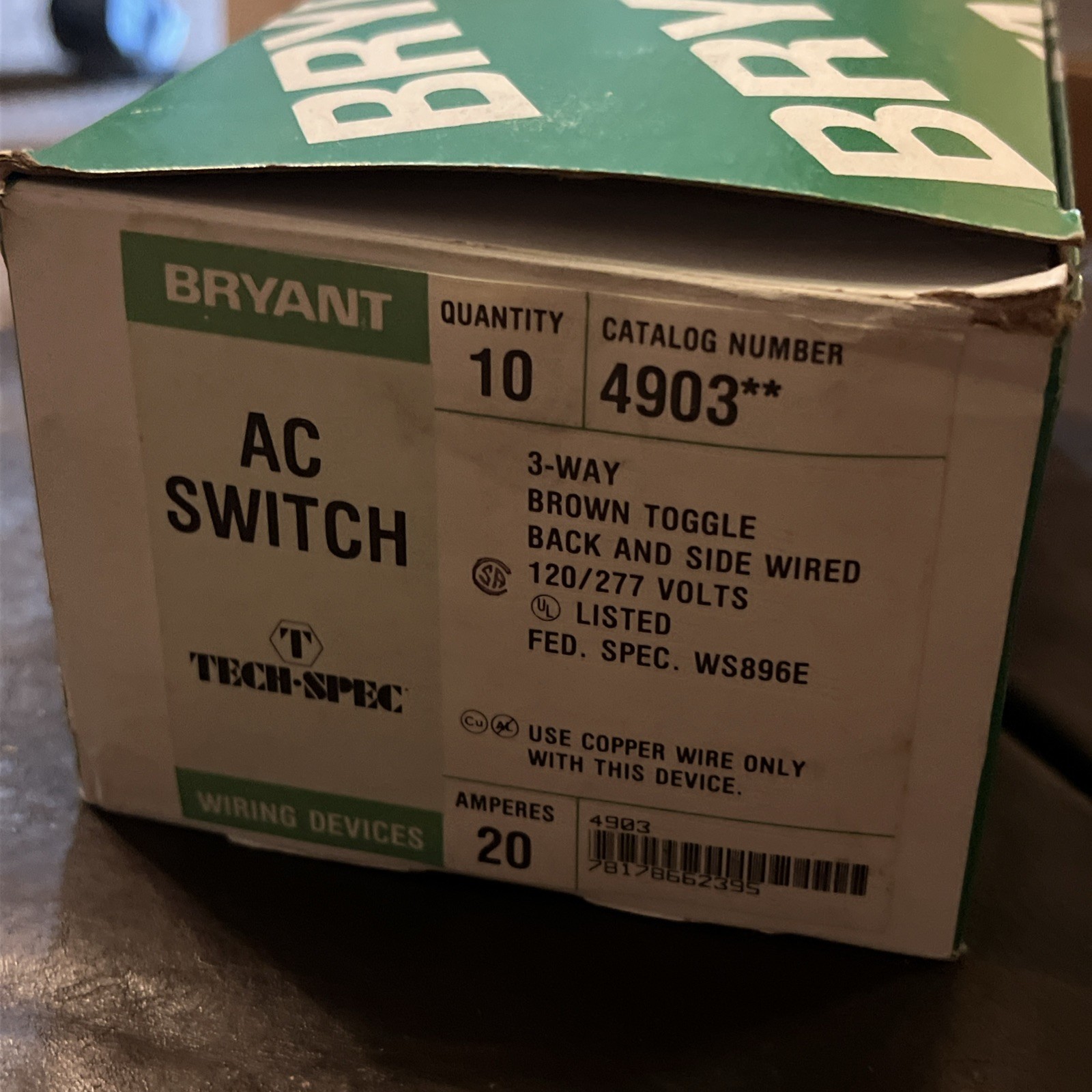 Bryant 4903-I Nylon Toggle Back And Side Wired 20A 120-277VAC BOX OF 9