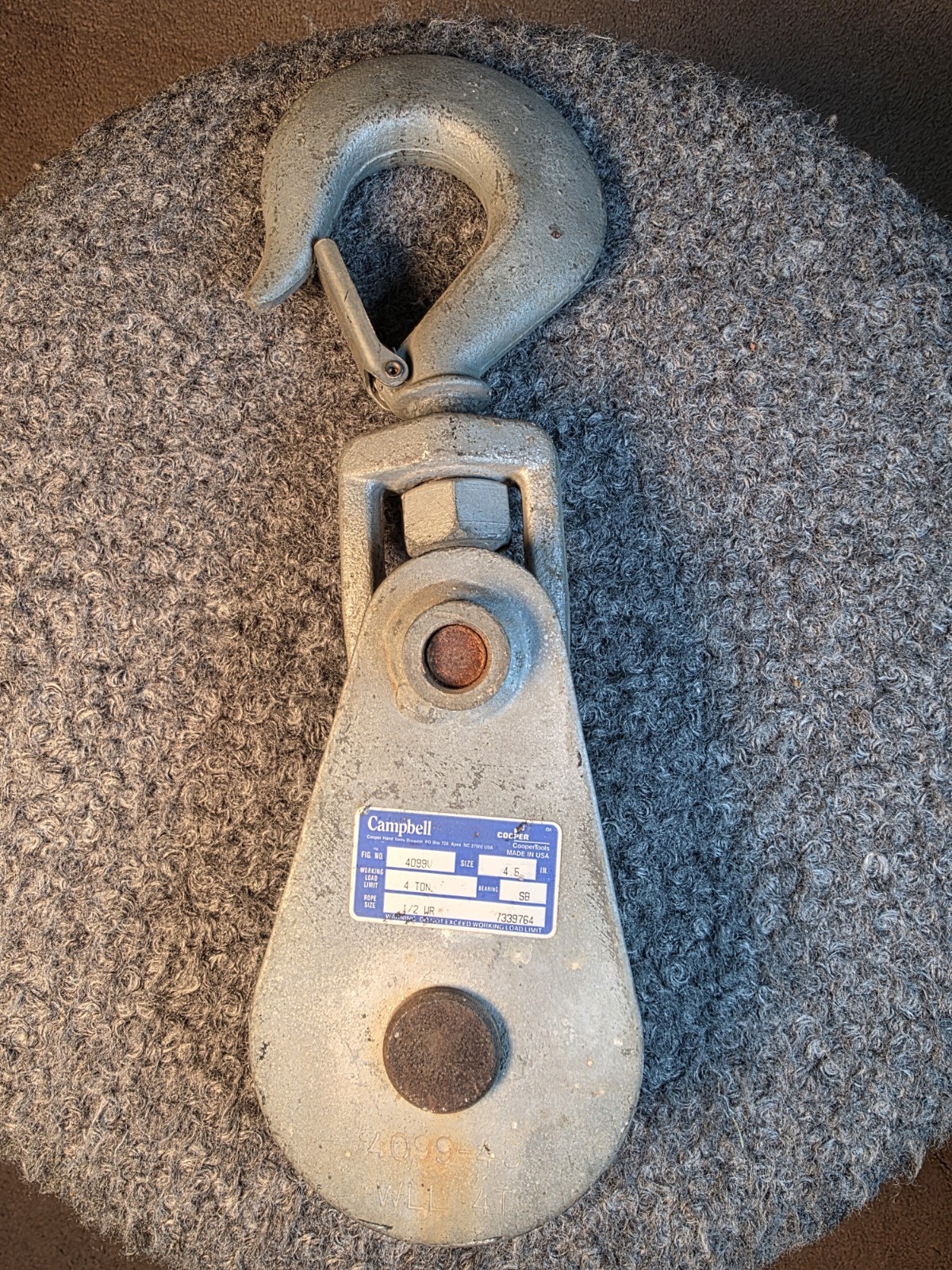 Campbell Cooper 4099V 4 Ton Snatch Block Swivel Hook 1/2″ Wire Rope Made USA