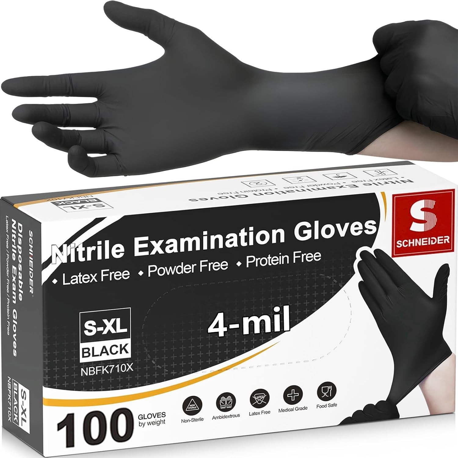 Durable 4 Mil Black Nitrile Exam Gloves – Elastic Fit & Textured Grip, 100 Count