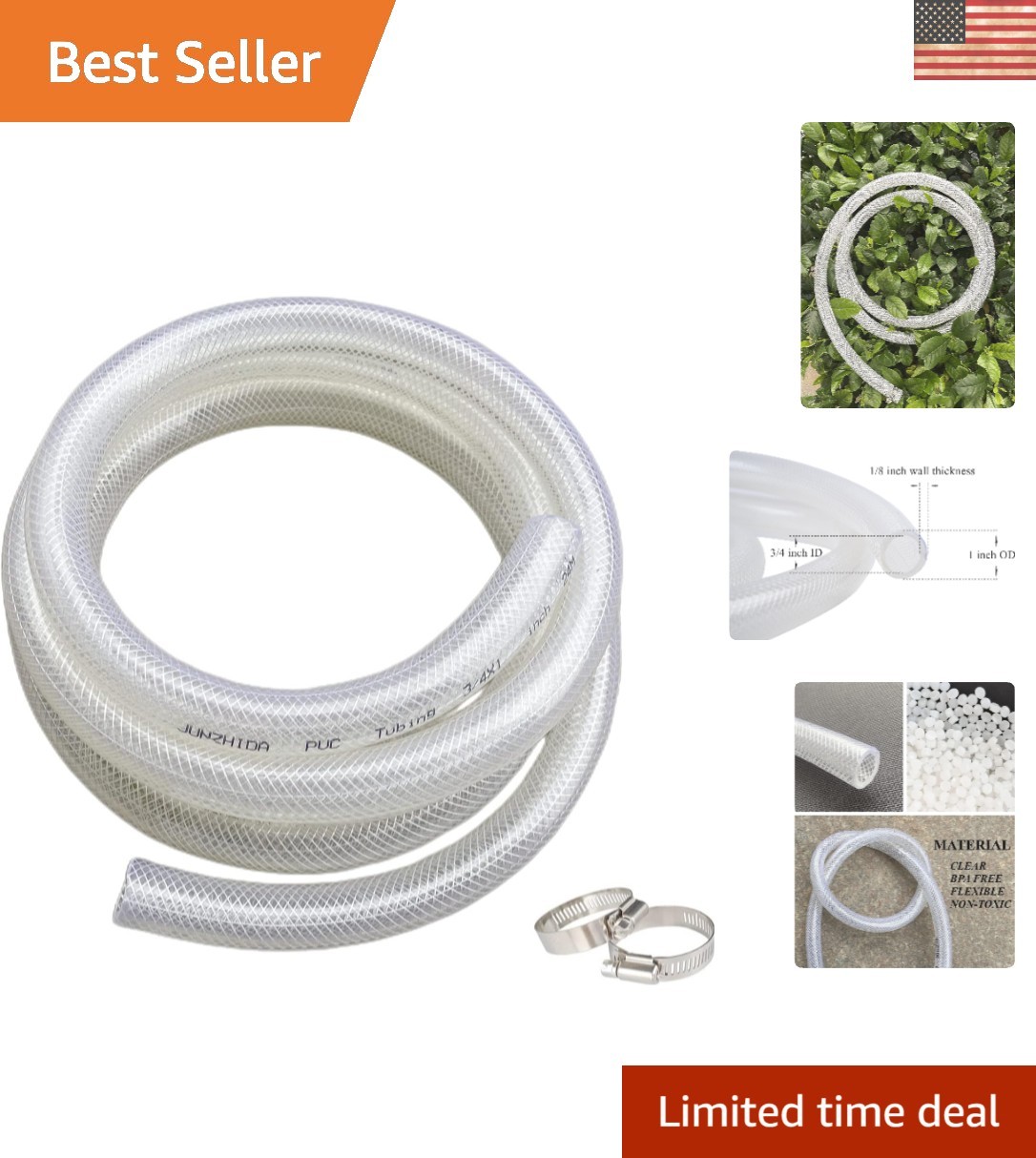 10 Ft High Pressure Braided PVC Tubing – 3/4″ ID x 1″ OD, Non-Toxic & BPA Free