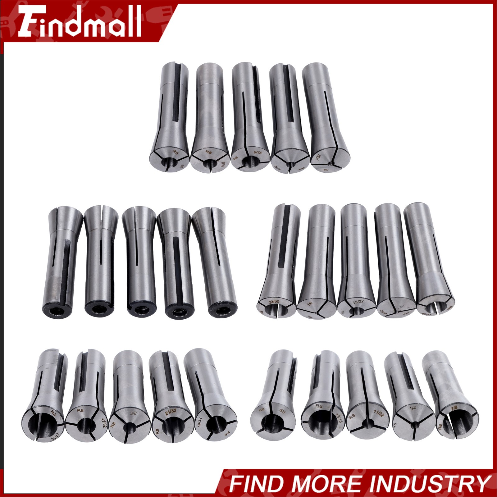 Findmall R8 Round Collet Set 25pc – 0.0005″ TIR Ultra Precision Industrial