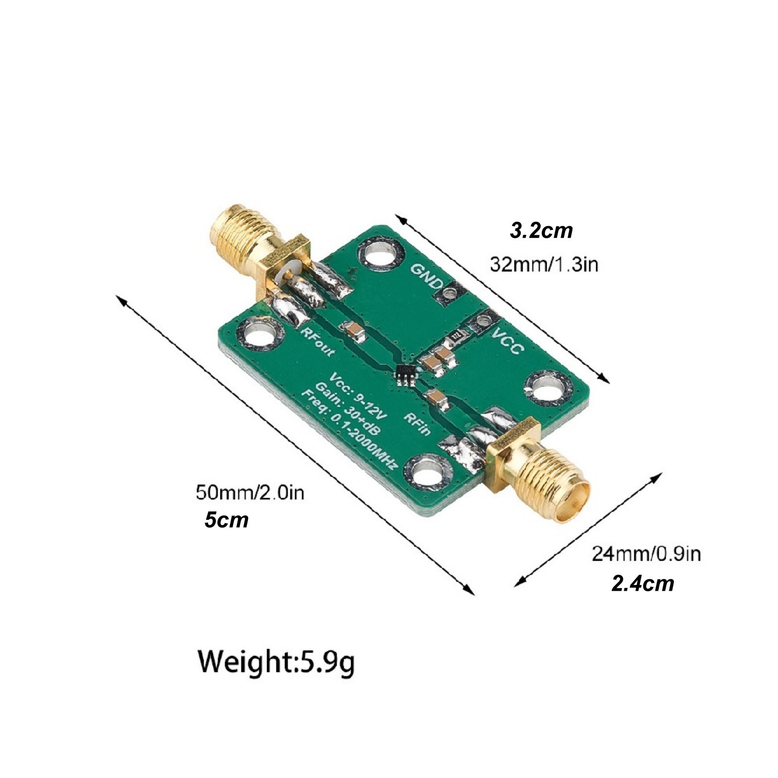 Low Noise RF Amplifier 0.1-2000MHz Wideband Module 30dB Gain 10dBm Output Level