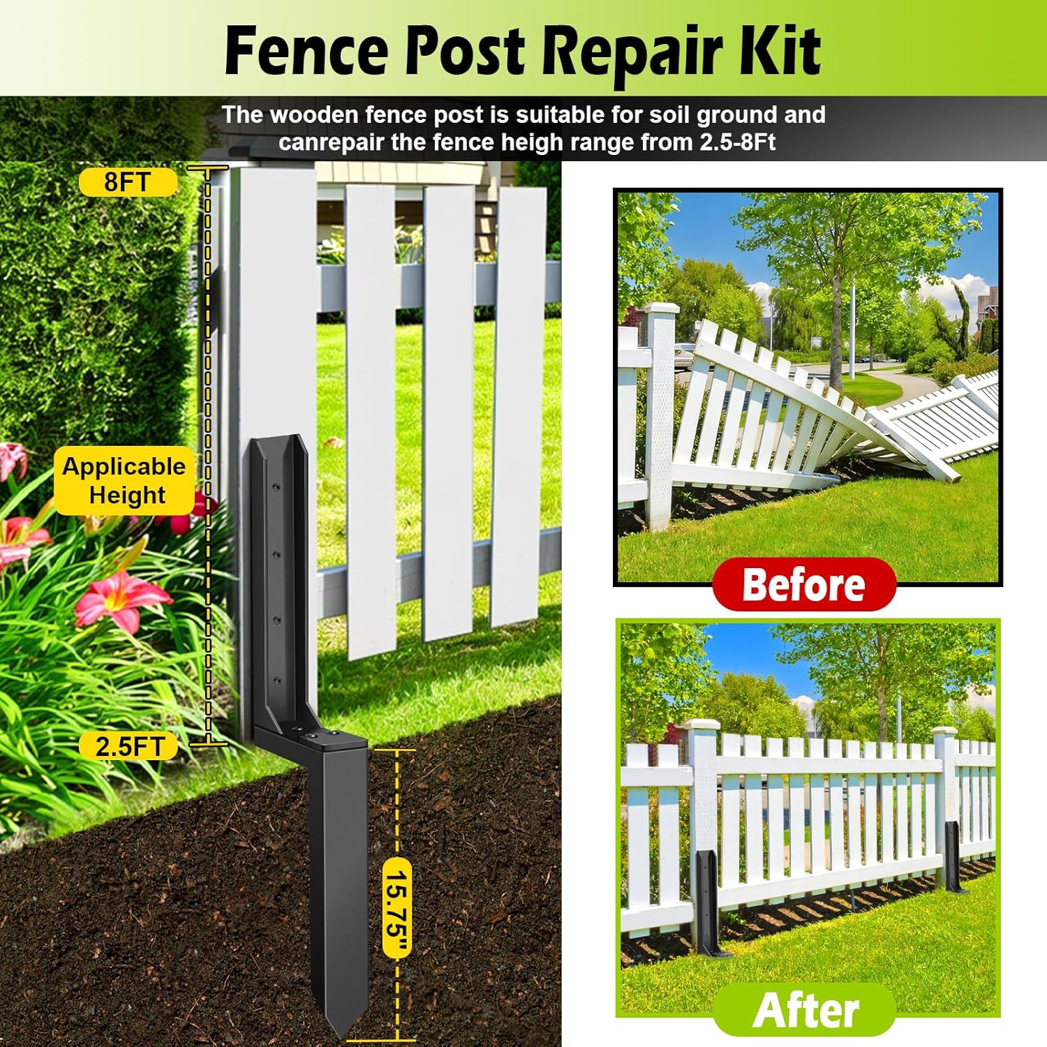 4-Pack Heavy Duty Fence Post Repair Kit – Secure Broken Wood Support