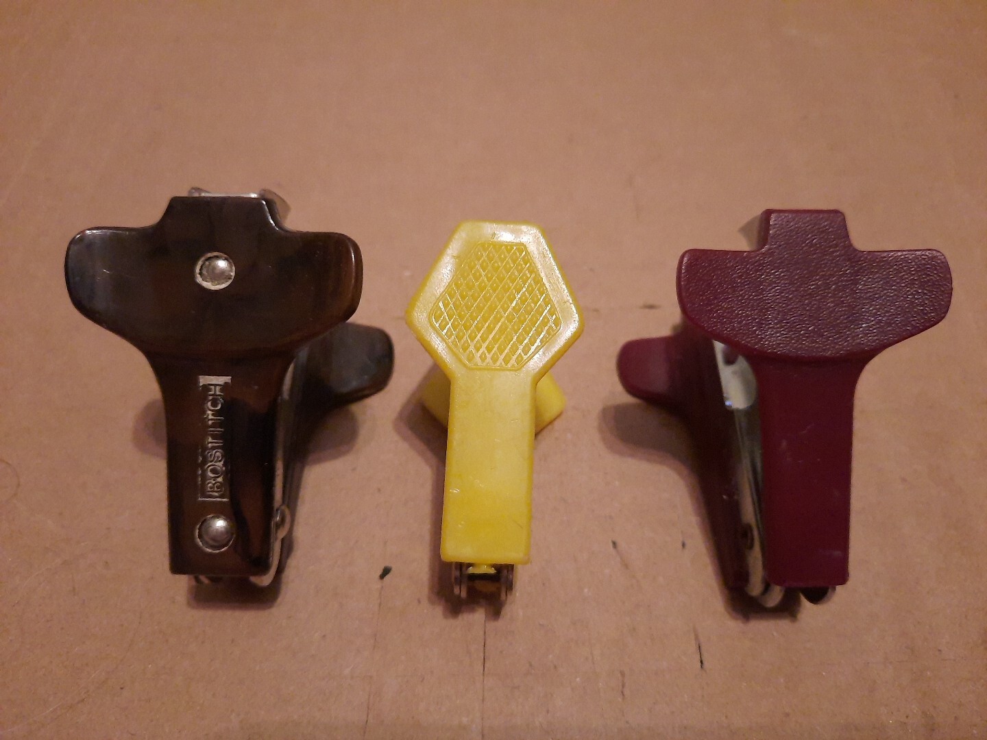 Three Vintage Staple Pullers 1 Bostitch Hong Kong, 1 Taiwan «Yellow» , 1 China
