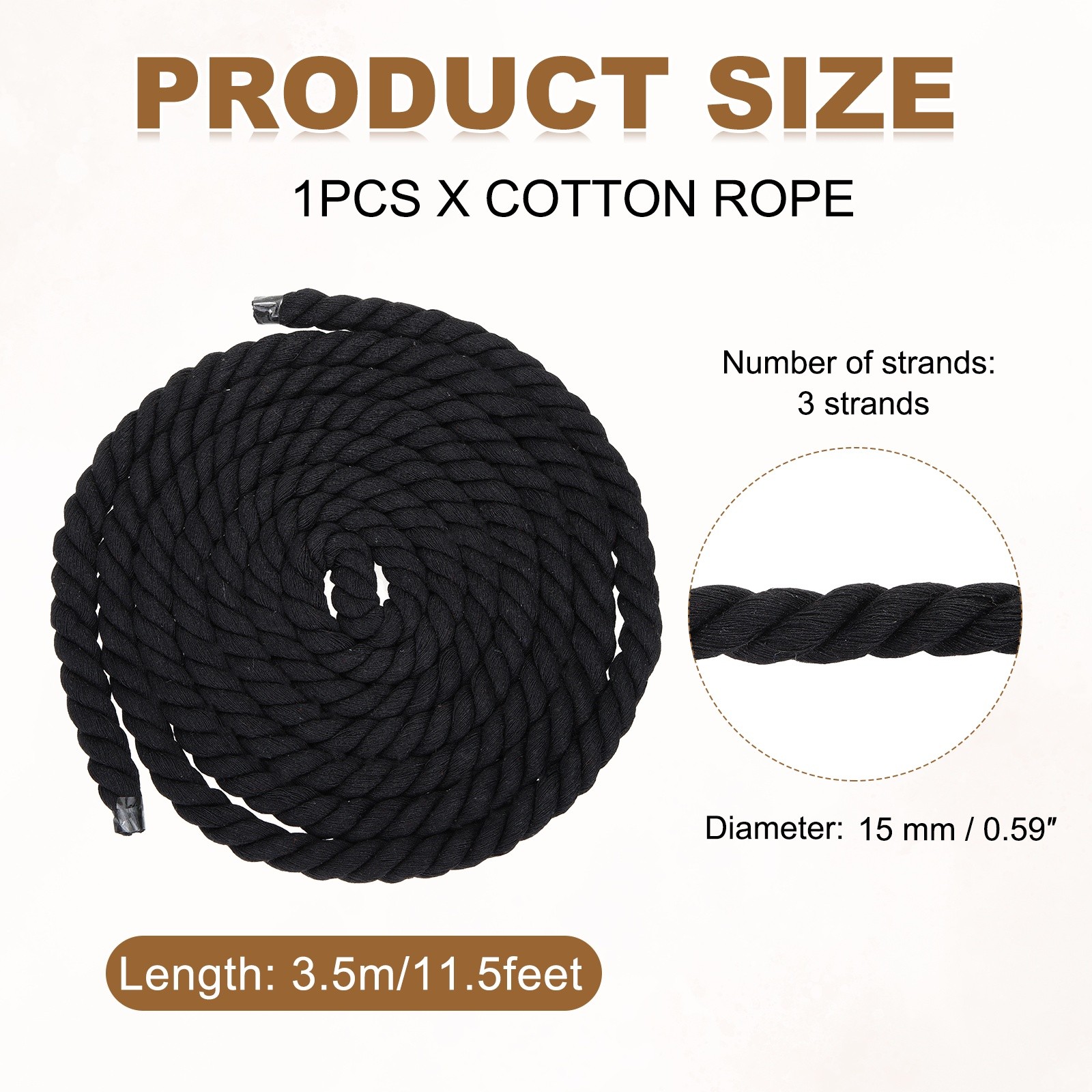 15mm x 11.5 Feet Black Cotton Rope 3 Strand for DIY Wall Hanging Knotting