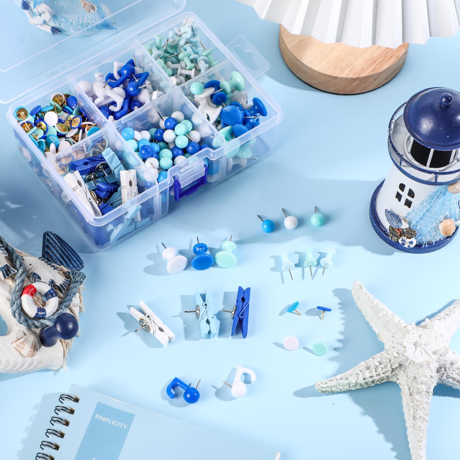 600 Pcs Decorative Push Pins, White Blue Thumb Tacks 6 Types Cute Push Pin Cl