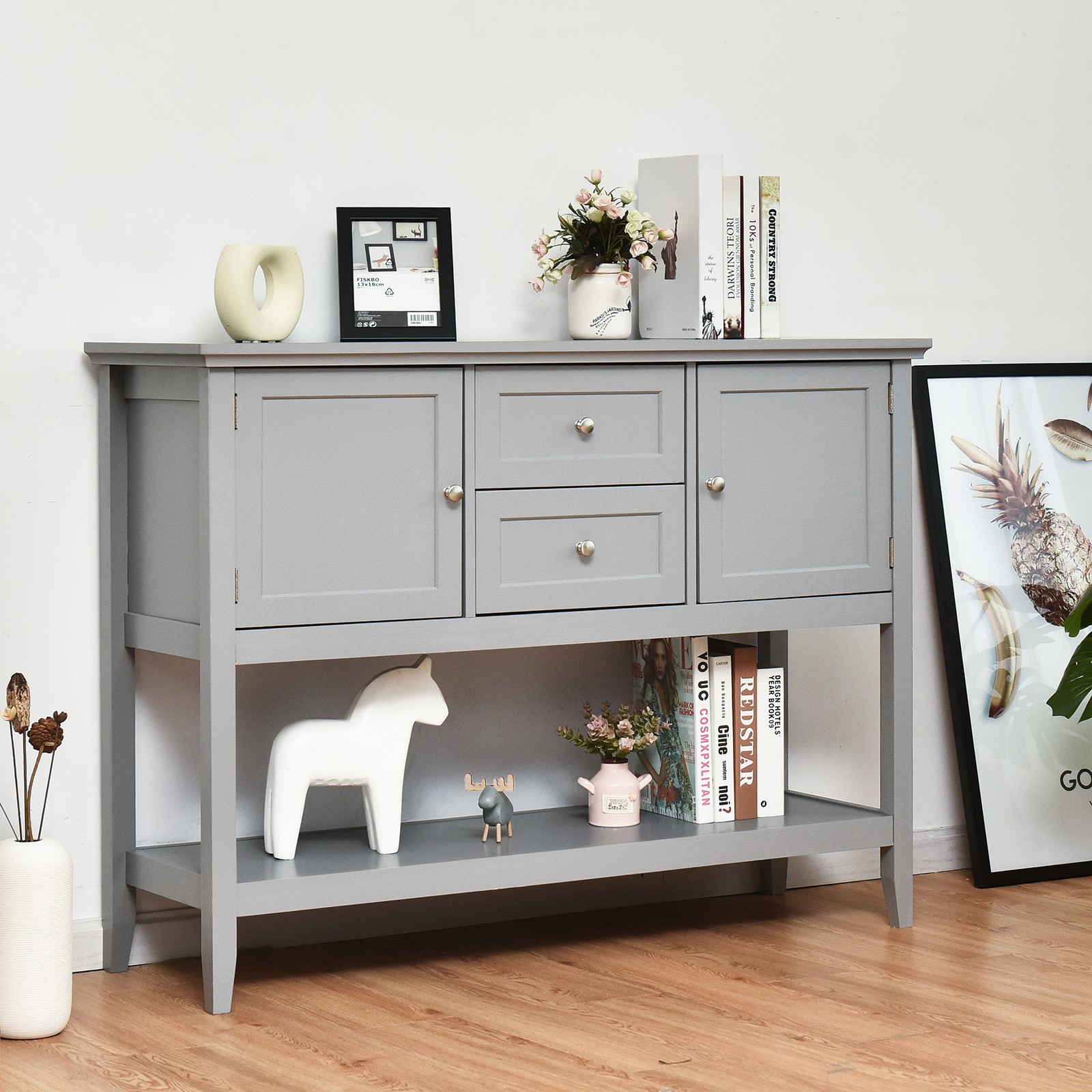 Costway Sideboard Buffet Table Wooden Console Table w/ Drawers & Cabinets Gray