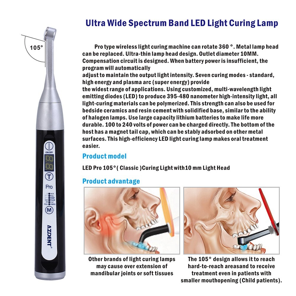 AZDENT Dental Wireless LED 1 Second Curing Light Resin Lamp Curing High Power