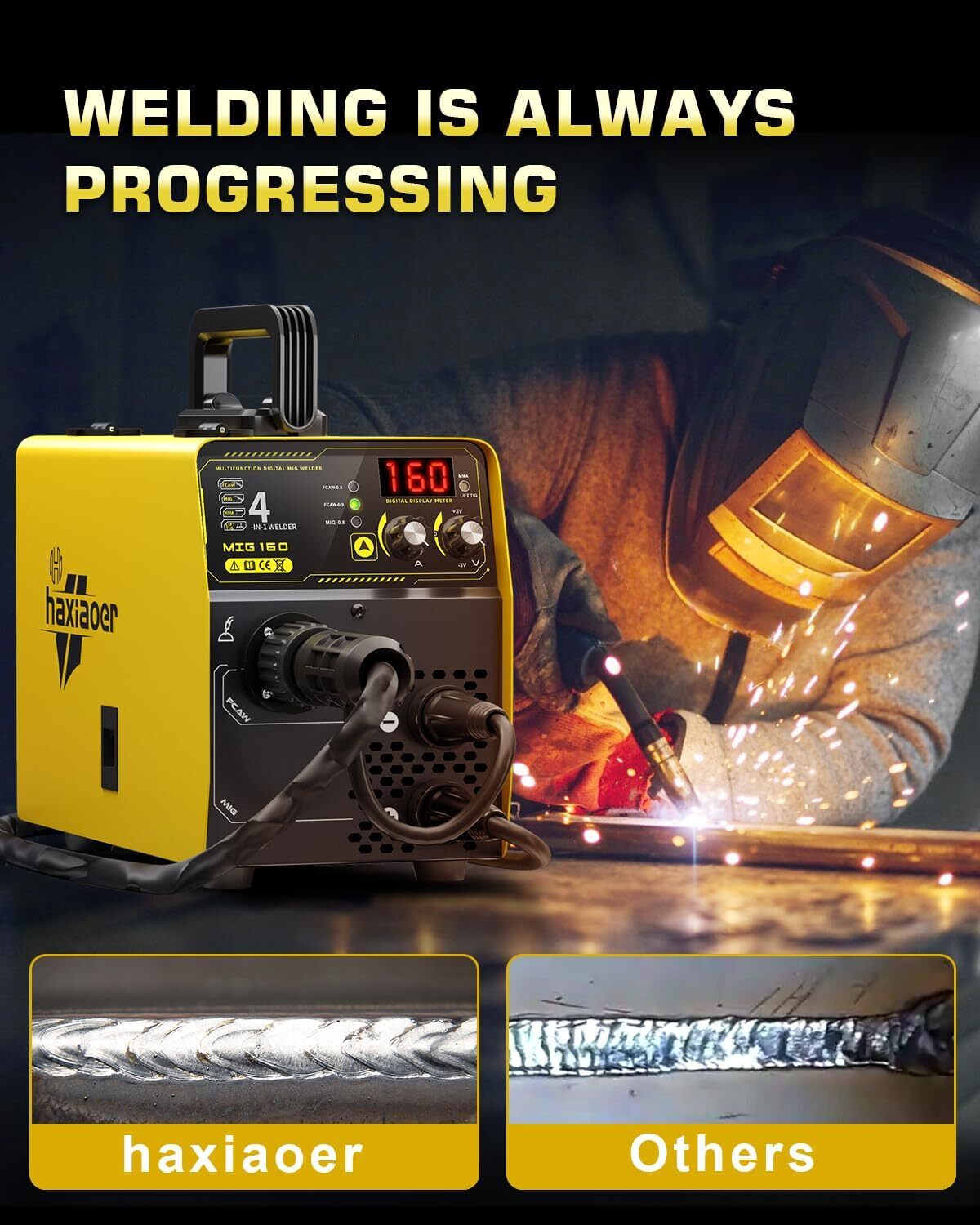 MIG Welder 160A, 4-in-1 MIG/Lift TIG/Stick/Flux Core Welding Machine Gasless