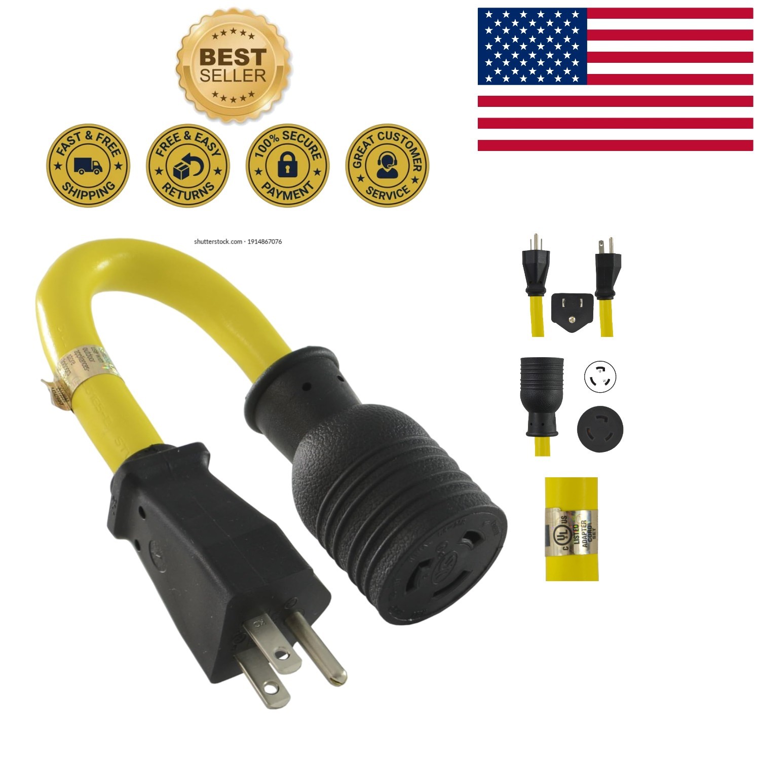 1-Foot Listed Generator Adapter – NEMA 5-15P to L5-20R, 1875 Watts
