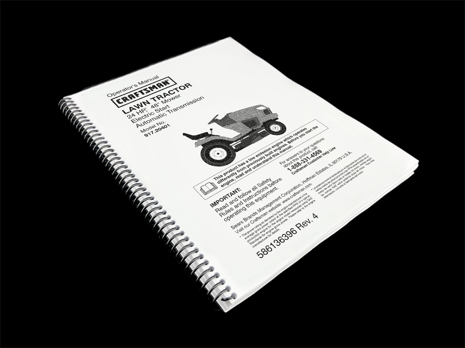 Craftsman Owners Manual Model 91720401 48″ Mower – Printed SPIRAL Bound