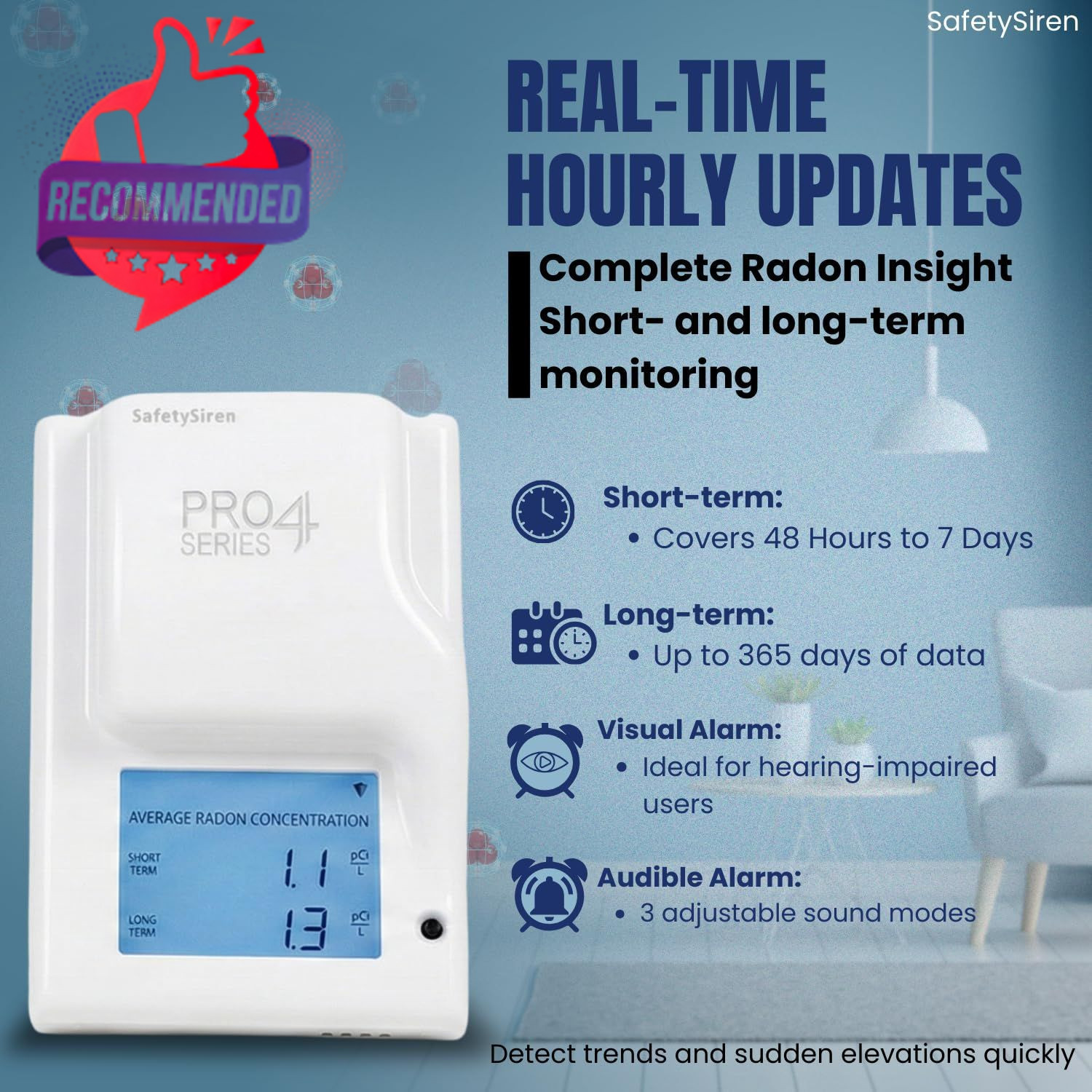 Safety Siren Pro4 Plug-in Radon Detector, Continuous Radon Gas Monitoring With