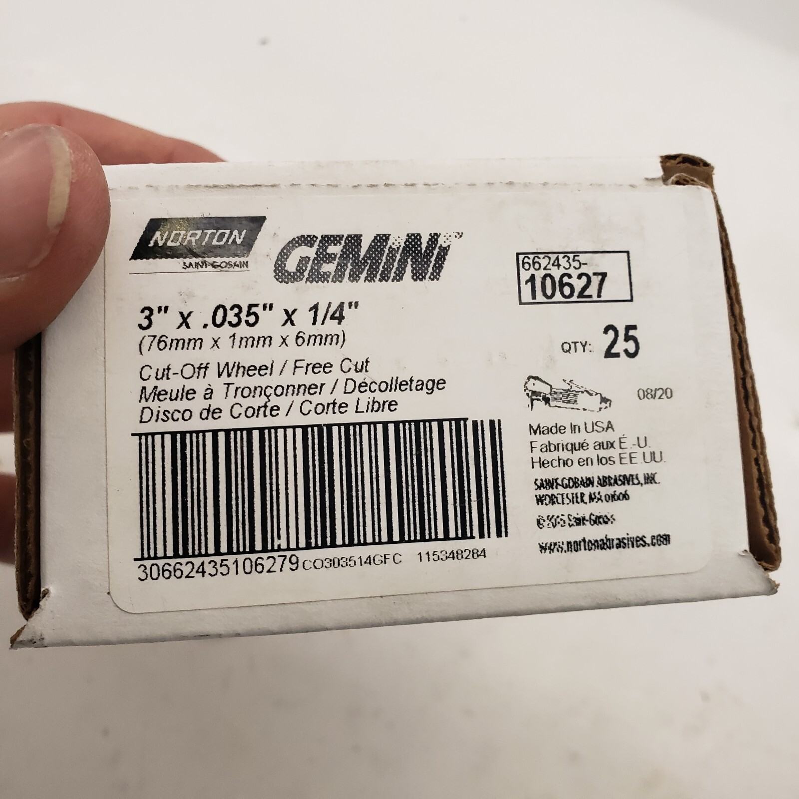 NORTON 66243510627 CutOff Wheel,GeminiFreeCut,3″x.035″x1/4″ 5A921, Box Of 25