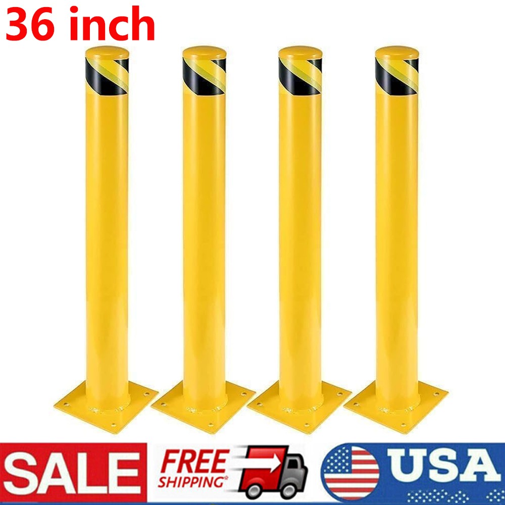 4PCS Safety Bollard 36″ H 4.5″D Q235 Steel Post Yellow Pipe Barrier Protection