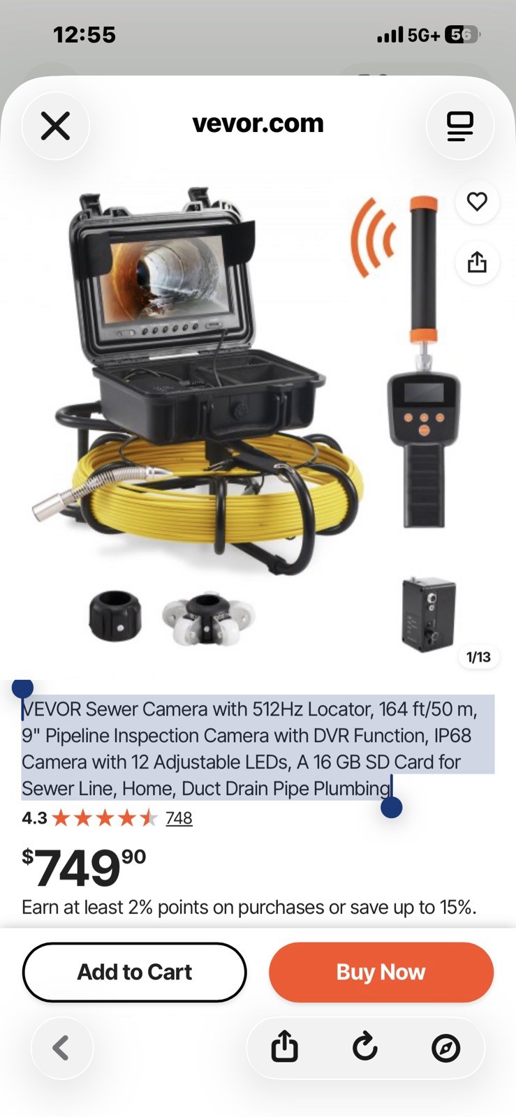 VEVOR Sewer Camera 164ft/50m 512Hz Locator 720P LCD DVR IP68 12 LED
