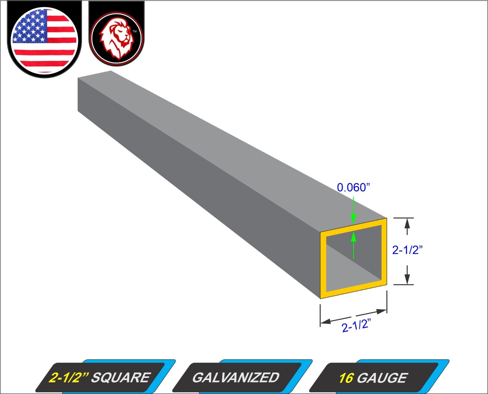 2-1/2″ Galvanized Square Steel Tube – 16 gauge – 12″ inch long (1-ft)