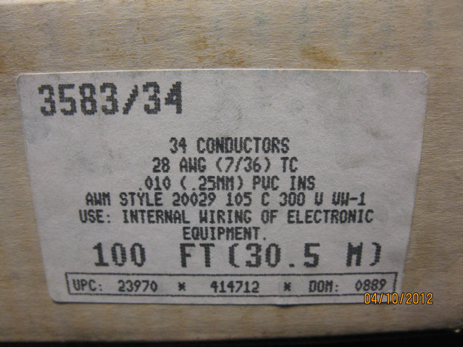 Alpha Flat Cable Ribbon 3583/34 34 Conductor 28AWG 300V 100ft 30.5M