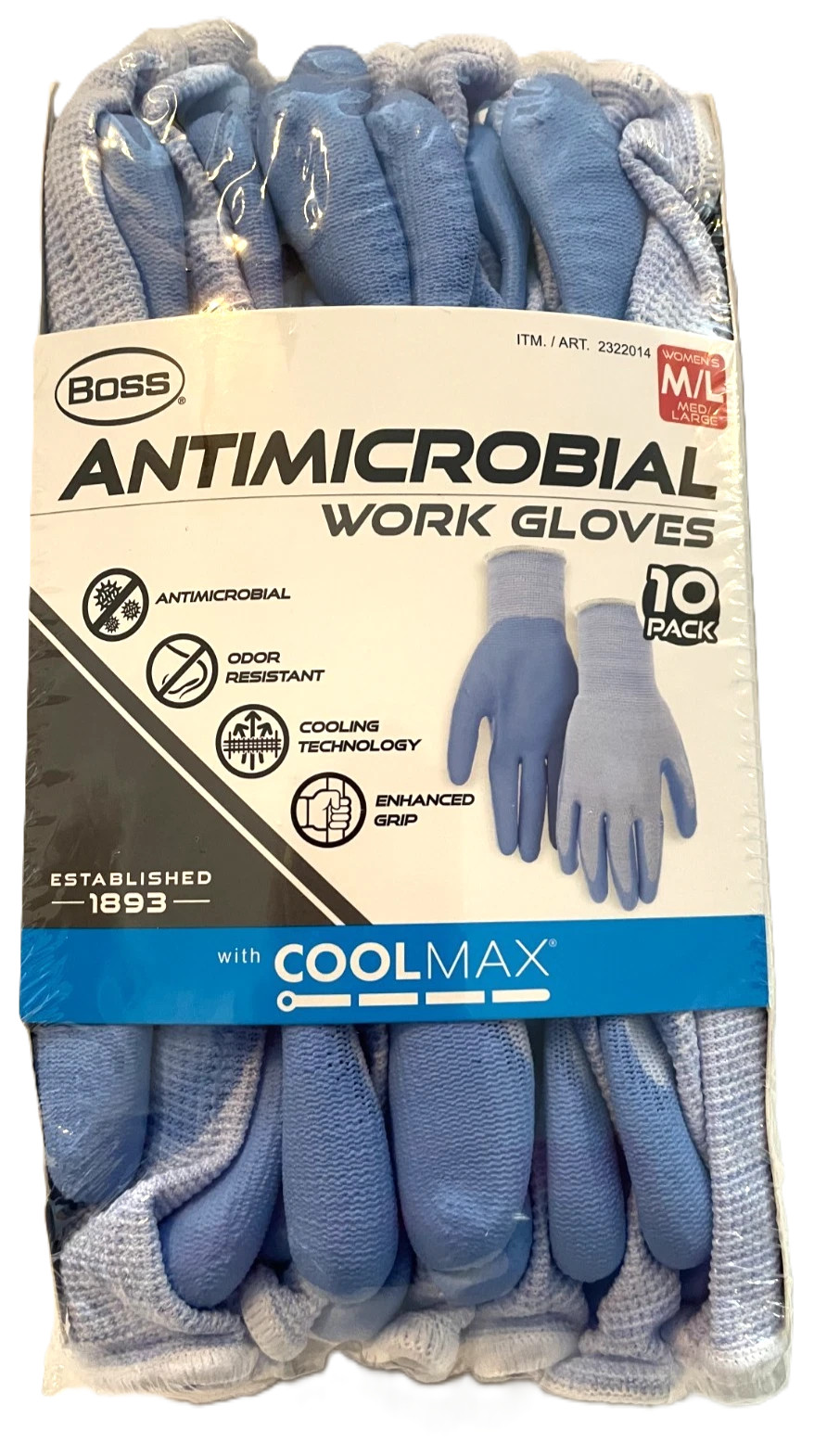 Boss Antimicrobial Women’s Work Gloves with Grip Coating – CoolMax Core (10PK)