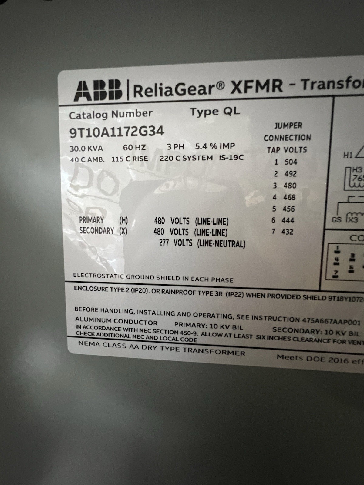 New ABB 30KVA 3 phase 480/277 V Transformer. Cat# 9T10A1172G34