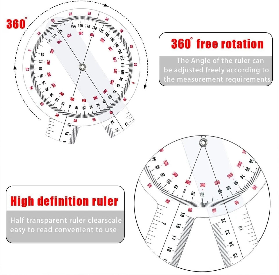 Goniometer 12 inch, Transparent Orthopedic Angle Ruler Plastic Goniometer, 360 D