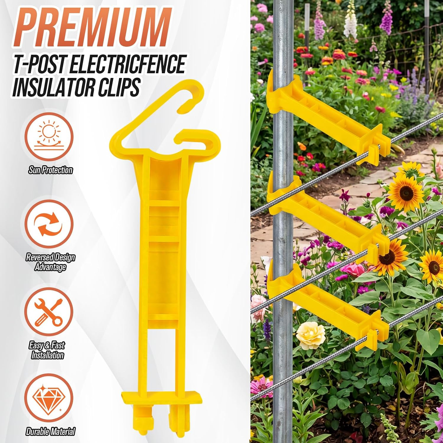 100 Pcs 5 Inch Snap-On T-Post Electric Fence Insulators, Yellow | T-Post Extende